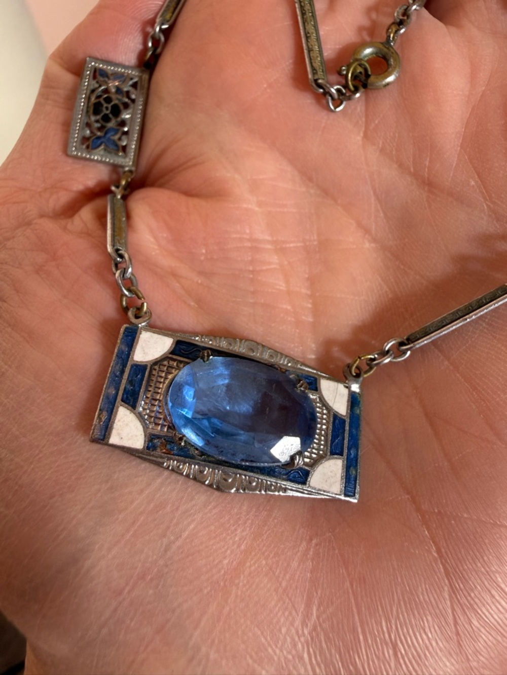Antique Art Deco 1920 Blue Checho Glass Guilloche enamel choker Necklace - Picture 8 of 17